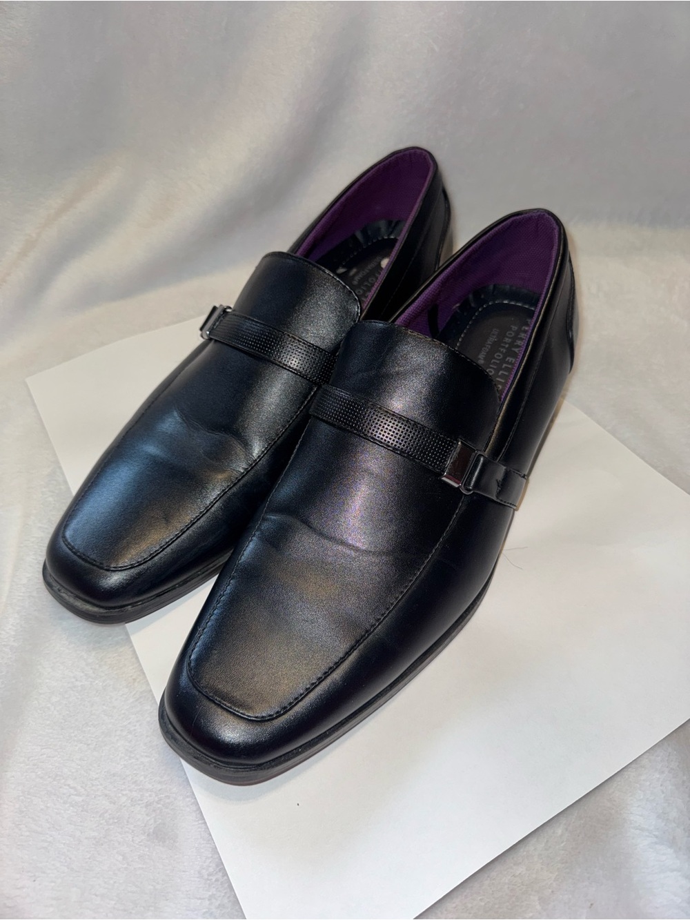 Perry Ellis Black Leather Slip-On Loafers with Purple Lining
